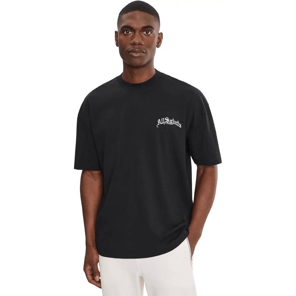 AllSaints Mens Underground Oversized Logo T-Shirt Jet Black gothic Graphic Tee